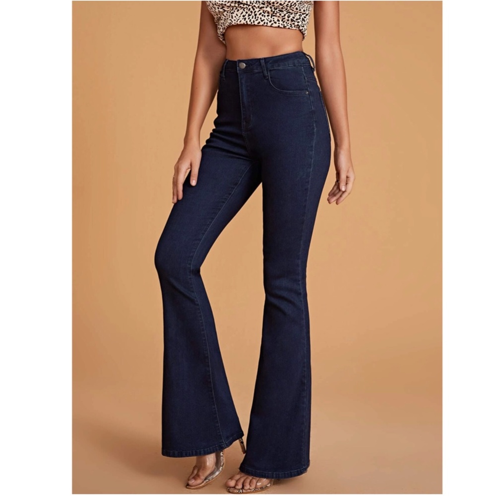 High Waist Flared Dark Wash Blue Denim Jeans Bell Bottom - Picture 5 of 11